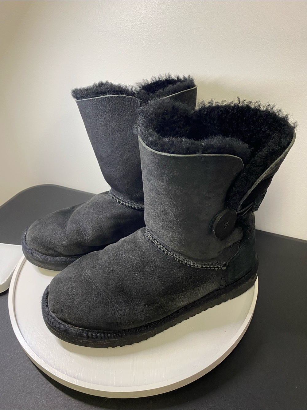 Black Shearling Button Short Boots, Sheepskin Upper and Insock, Vintage, Size 7
